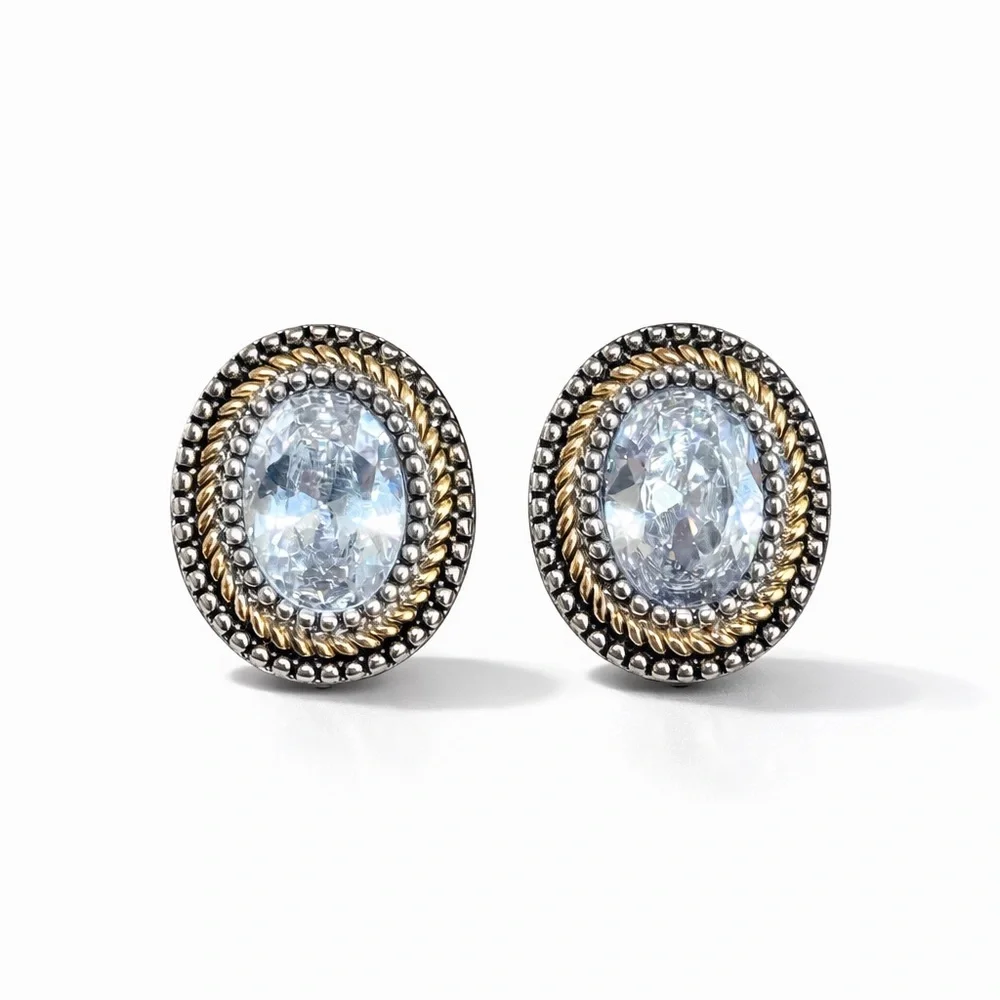 Elegant Silver and Gold Oval Clip-On Earrings - Picture 1 of 7